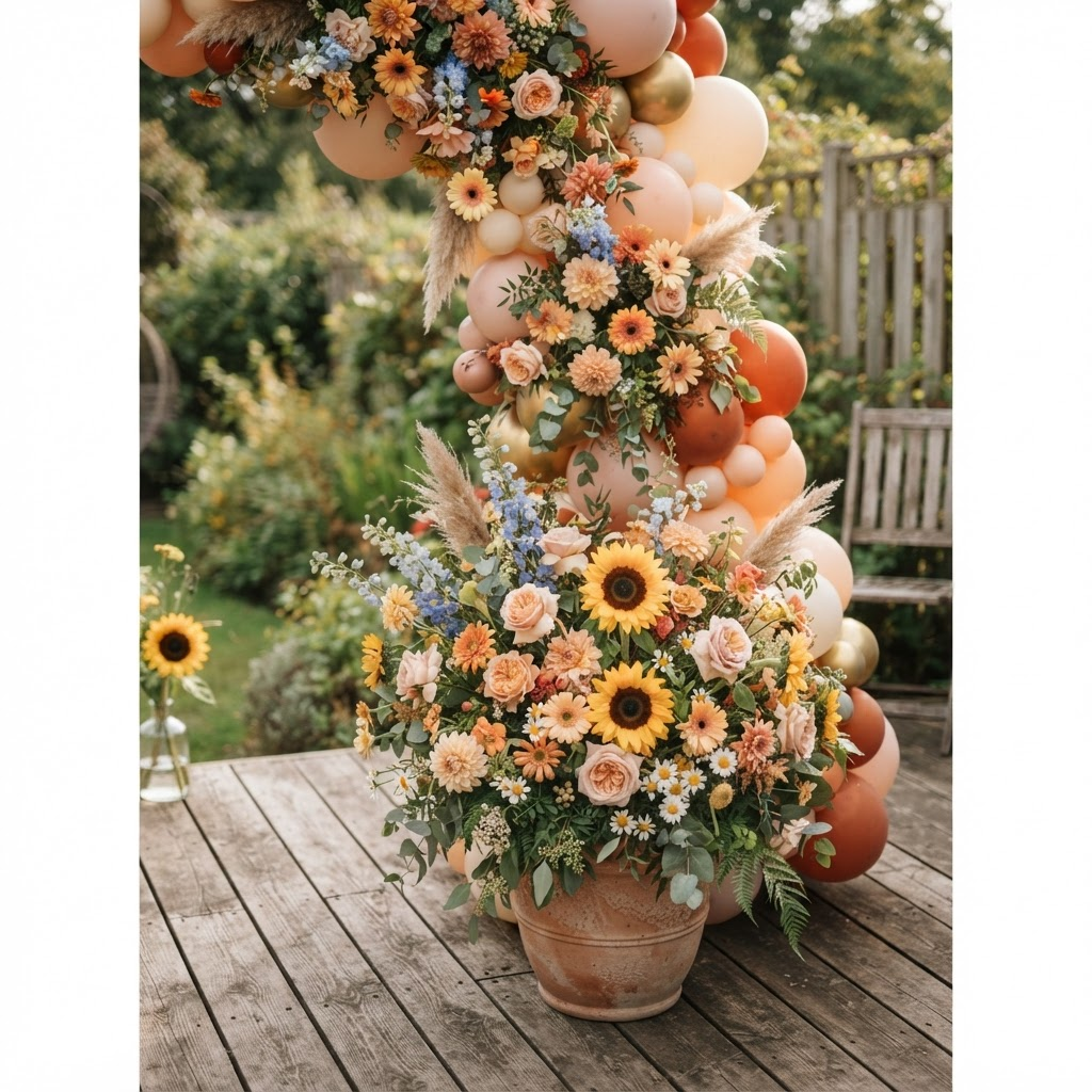 Artful mixed floral and balloon arrangement with sunflowers, roses and blush balloons