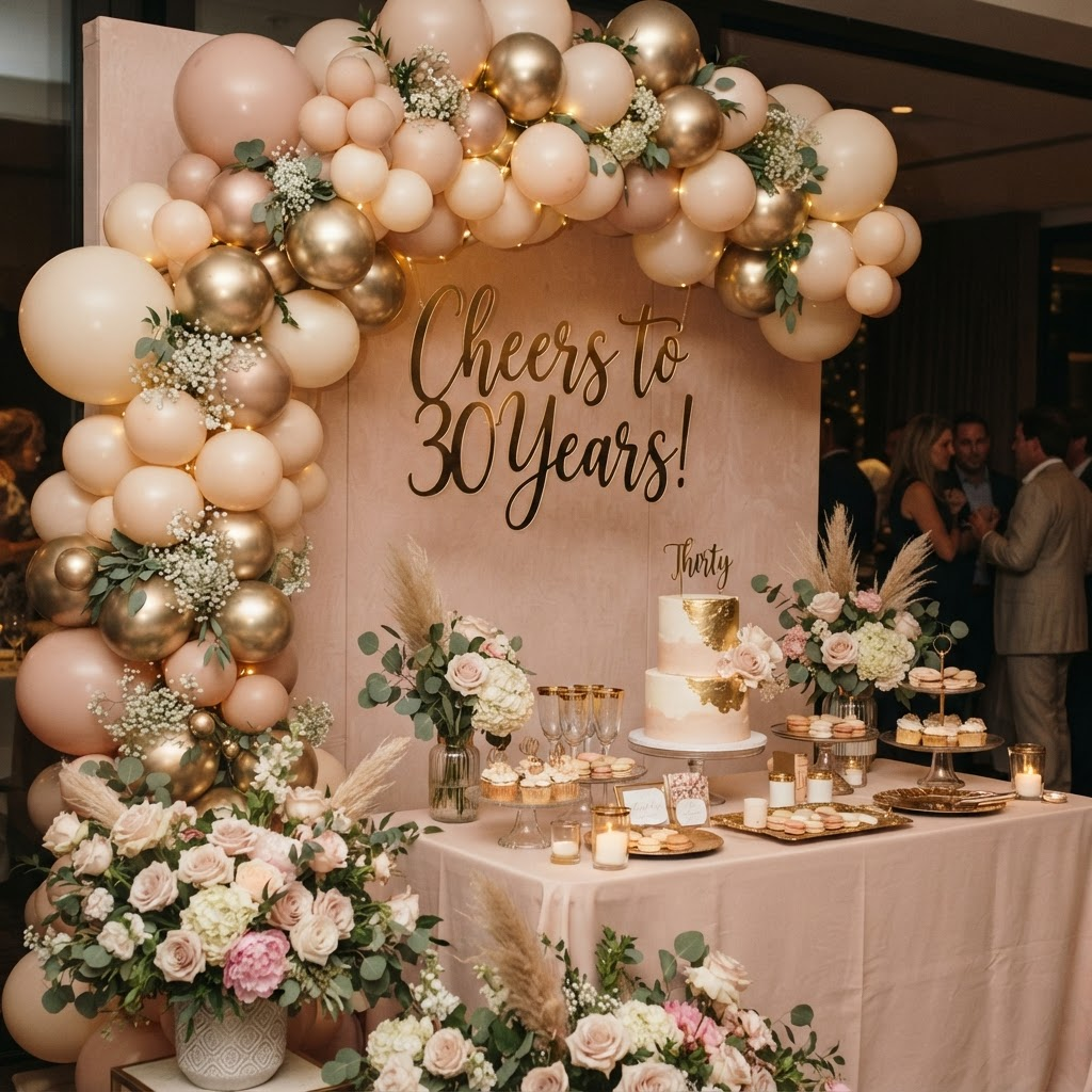 Blush and gold balloon arch with calligraphy sign and styled dessert table