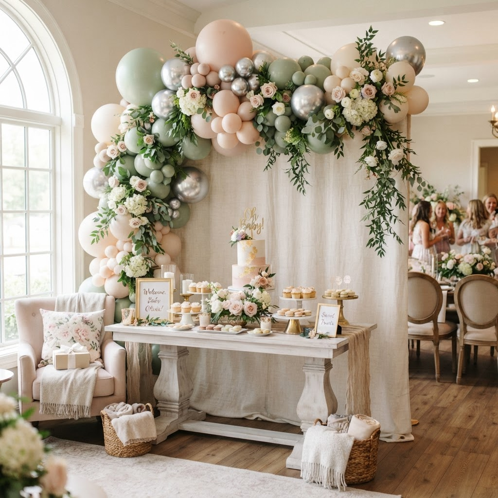 Pastel organic balloon cloud with hanging greenery for a shower