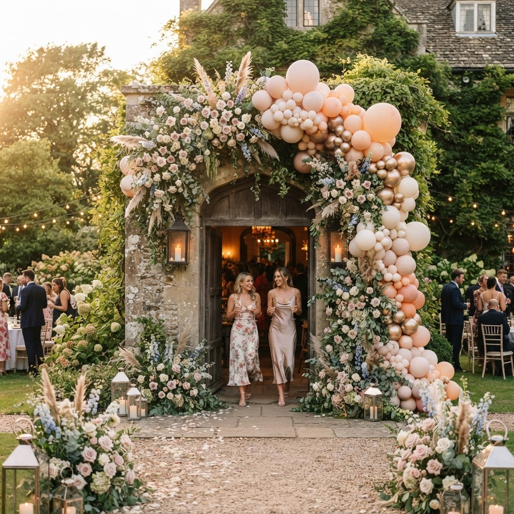 Floral and balloon installation framing a garden party entrance at golden hour