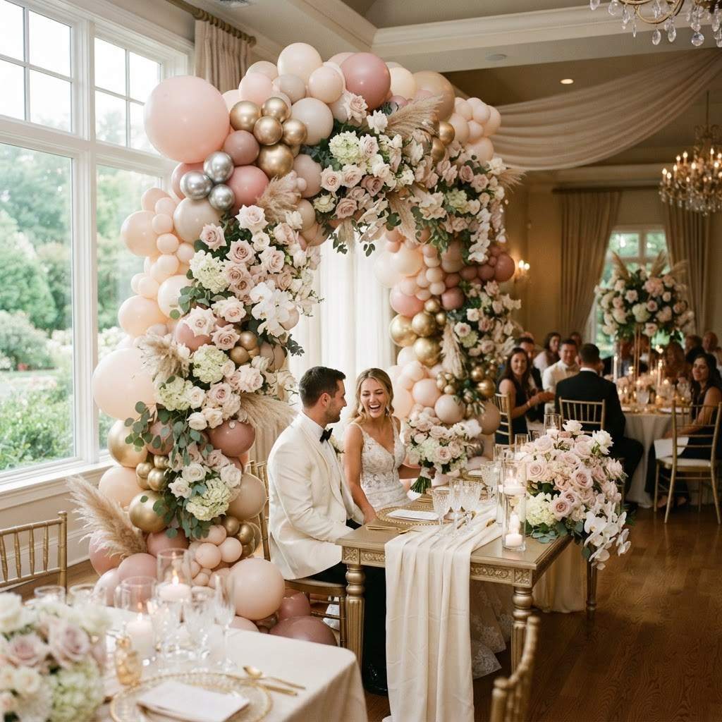 Lush blush balloon garland and fresh flowers arching over an elegant reception